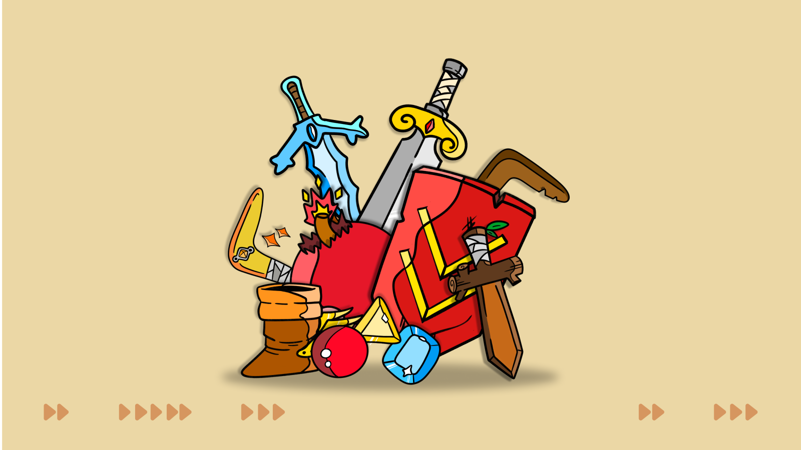 A pile of illustrated items such as swords, bombs, shields, and boomerangs