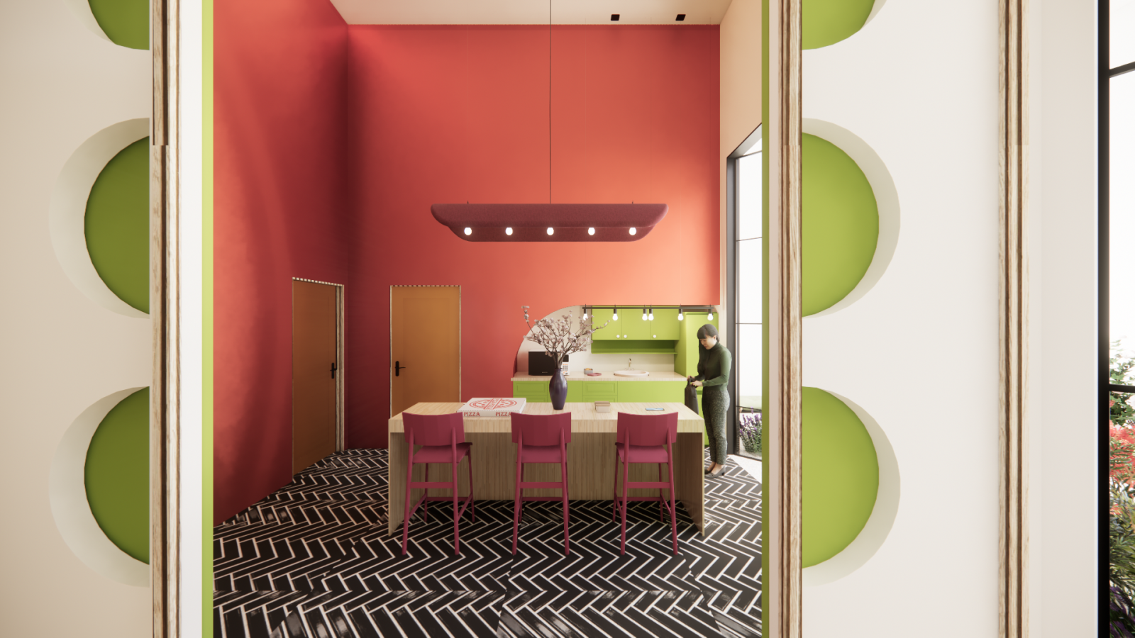 A courtyard for staff and caregivers to enjoy a meal, socialize, and relax in the kitchen with bold colors, black contrast tile flooring. It is a private space for them to sperate the community hub and staff.