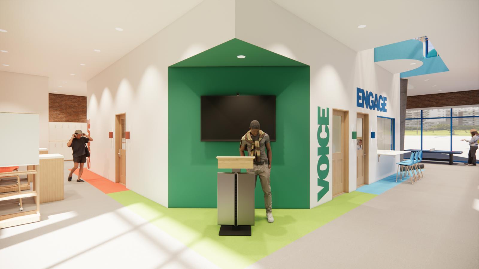 A perspective view of the back of the first floor, featuring the outside verbal learning area where a young boy stands at a podium against a green wall. The word “VOICE” is displayed in green on the right of him, next to the door leading inside to the verbal learning space. To the left, a boy is putting on headphones as he walks to enter the mathematical/logical learning area, with the word “SOLVE” in red on the wall behind him. To the right of the verbal learning area, the door to the kinesthetic learni
