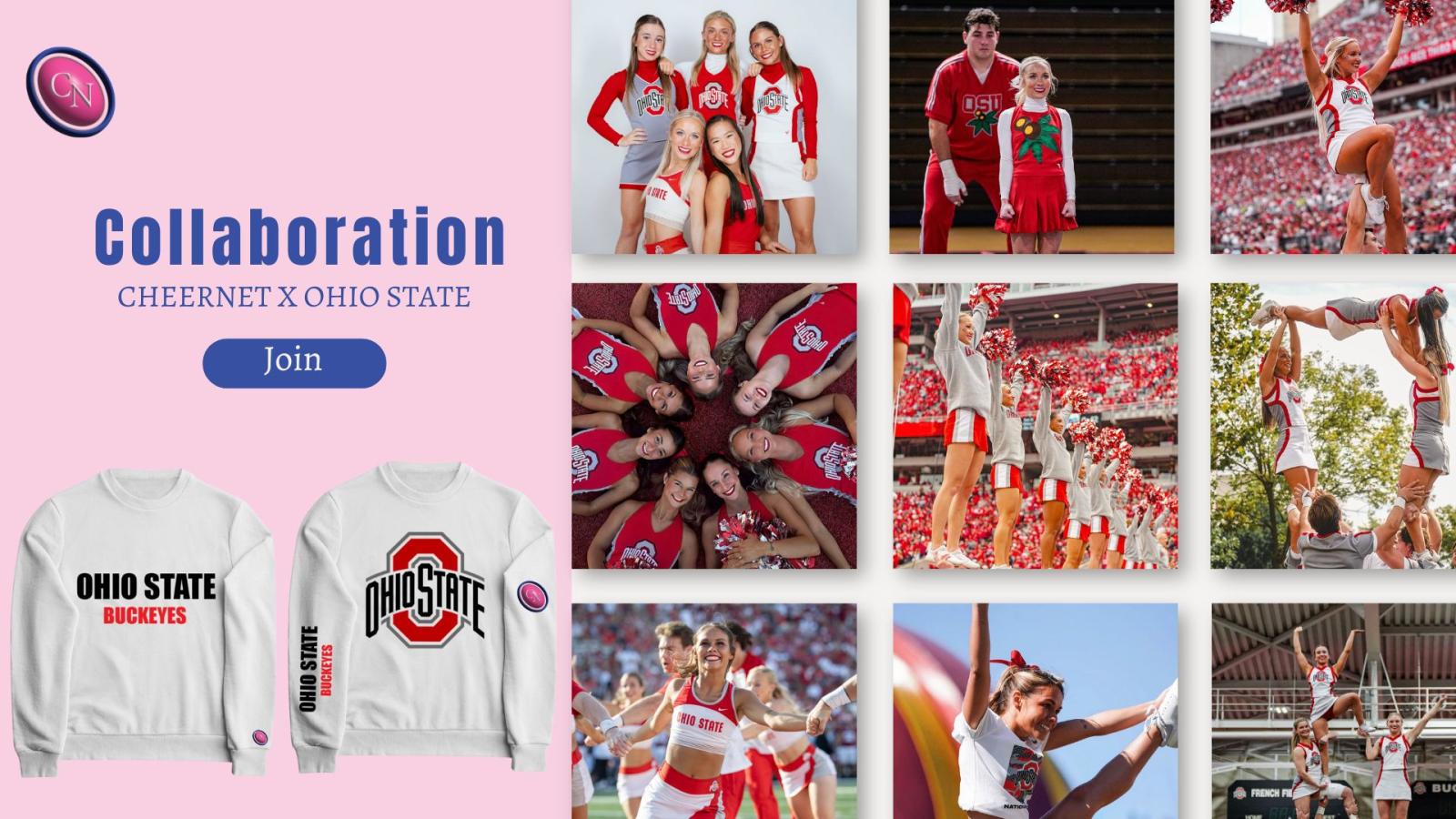 This image highlights CheerNet’s collaboration with Ohio State, showcasing how the app connects university cheer programs. By featuring Ohio State’s cheer athletes, it emphasizes CheerNet’s mission to support and unite cheerleaders. The custom apparel reinforces team pride, while the platform provides resources, connections, and engagement for collegiate cheerleaders nationwide.