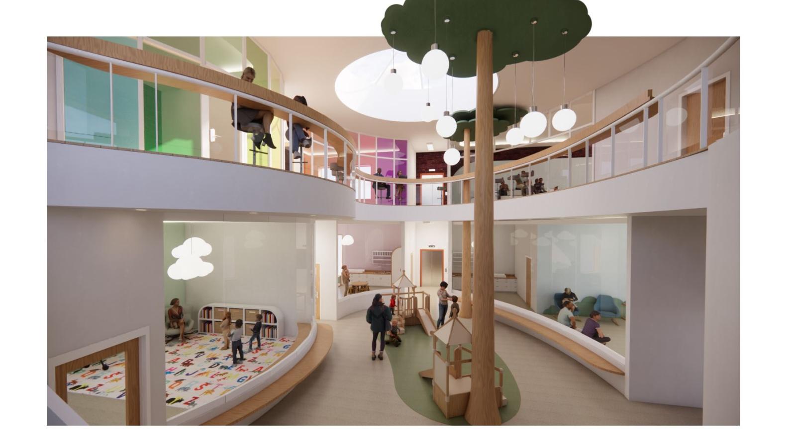 3D-rendered interior view of a childcare and family education center featuring an open, two-story atrium with curved walkways and a central play area. The space is bright and modern, with large glass windows, colorful accent walls, and playful design elements such as tree-like columns and circular light fixtures. The ground floor includes enclosed activity rooms with glass walls, where children and caregivers can be seen engaging in activities. The second level has a curved balcony with seating areas and ov