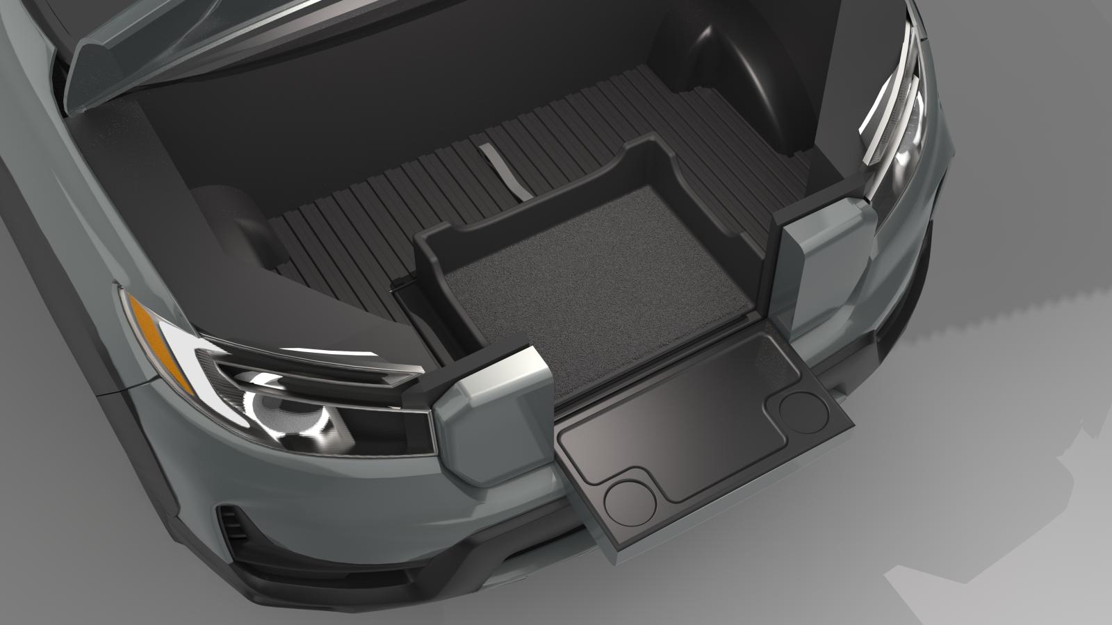 A 3D rendered image of the front of a Honda Ridgeline from a top down view with no hood showing the entire frunk with the gait down and the guard in place. The guard divides up the space in the frunk with its three walls and has a pull belt in the back of the guard.