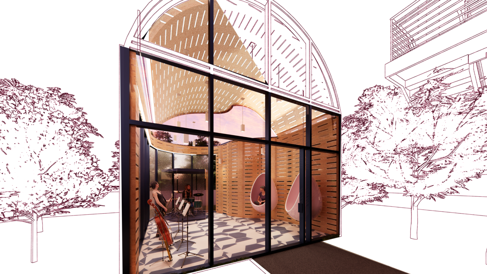 The “Nest” shows an open studio space, with an organically shaped wooden ceiling. All of the walls are made out of frosted glass to allow natural light in but ensure privacy. The floor is a geometric navy and white tile. In the front right, a pink, hanging egg chair offers some seating in the space. In the middle are guitar stands, and in the back right is a drum set.