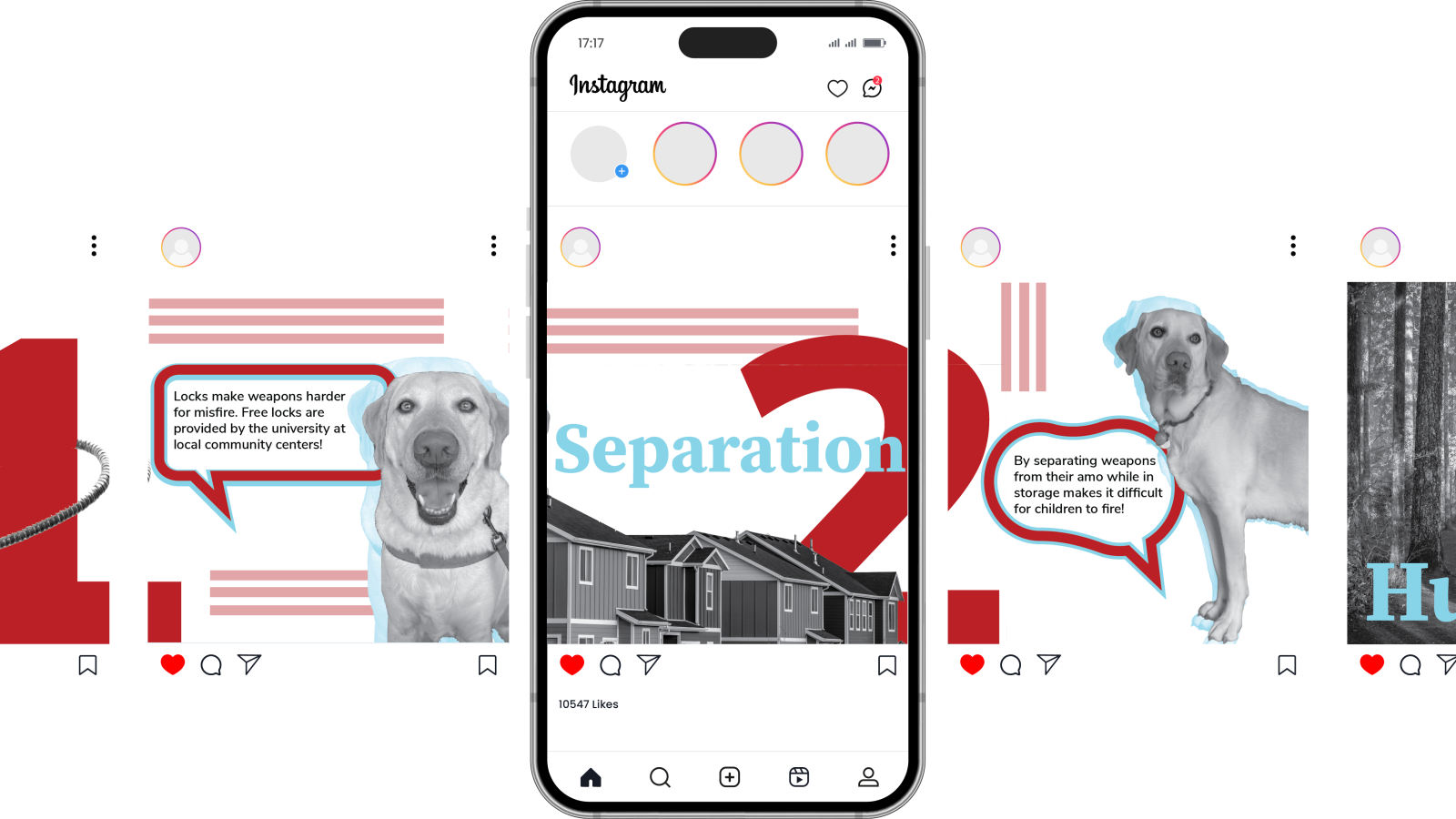 A seven slide feed Instagram mockup that uses graphics and photos to show three tips on weapon safety: use gun locks when storing weapons, separate the weapon from its ammo, and check for stability before use of deer stands.  
