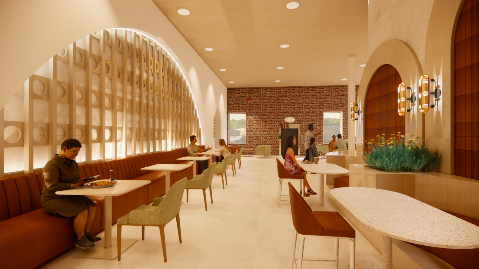 This perspective is at the far West wall of the second floor and shows the dining and seating area. This space involves banquette seating, booths, tables, and lounge seating. Here customers are seen eating grab and go meals, enjoying a cup of coffee, or socializing amongst each other.