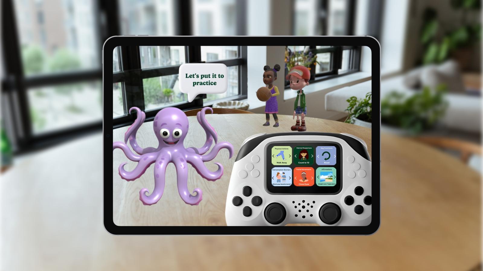 iPadtouchscreenmockupthatuses3Dgraphics,photosofpracticingsocial interactions in real-time.