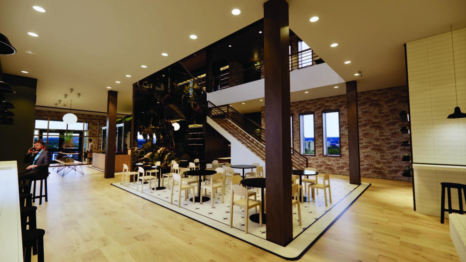 The open seating area on level 1 is defined by black and white mosaic hexagon tiles and columns to create a boundary. A glass LED partition separates the seating area from the retail section, ranging from the floor all the way up to level 2 as the ceiling is open to above. Black, round cafe tables are placed with basic oak chairs.