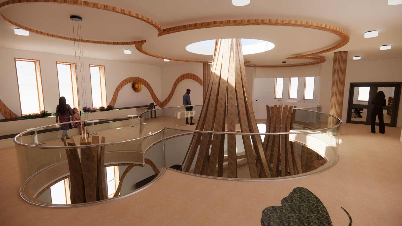 6.	As you go upstairs you will be stepping into the lounge area were students get to spent time to study or relax outside of the flexible learning room that is across. The flexible learning area has an opening where you can see the learning environment from the outside.