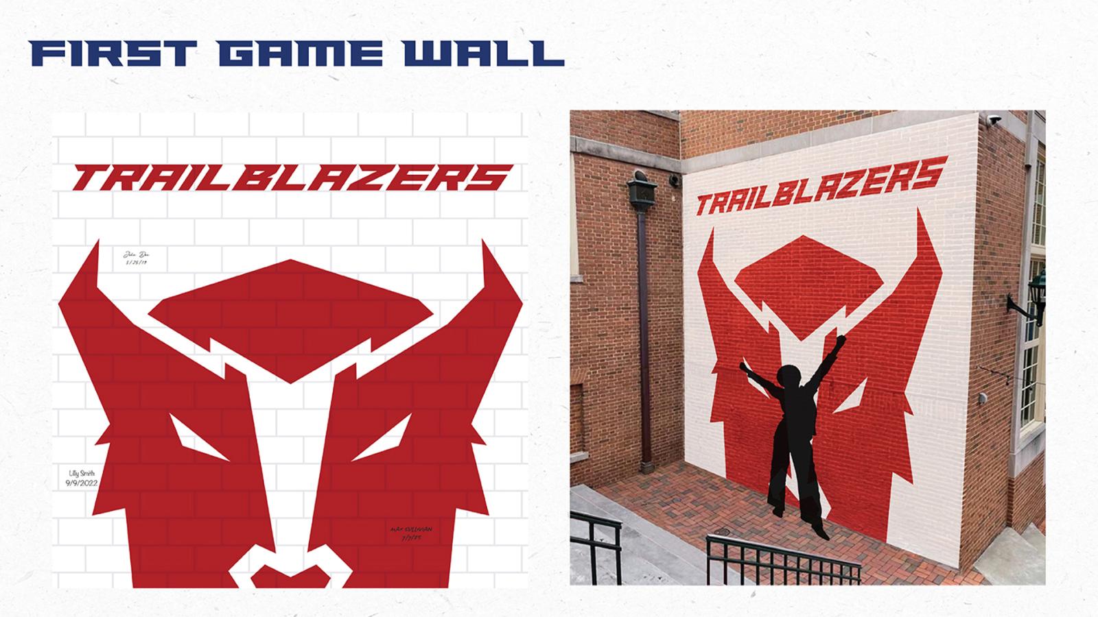 A mural on a brick wall features a large red Trailblazers logo (stylized Buffalo head) and the text “Trailblazers” above it. A silhouette of a person stands in front, arms raised in celebration.