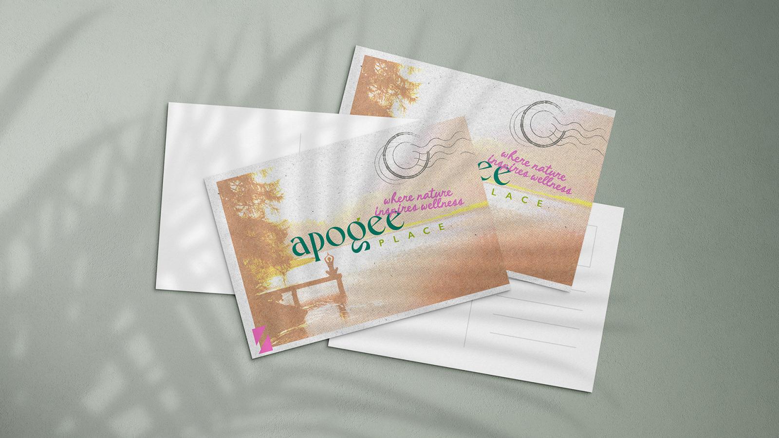 Printed postcards with Apogee’s logo and tagline on them 