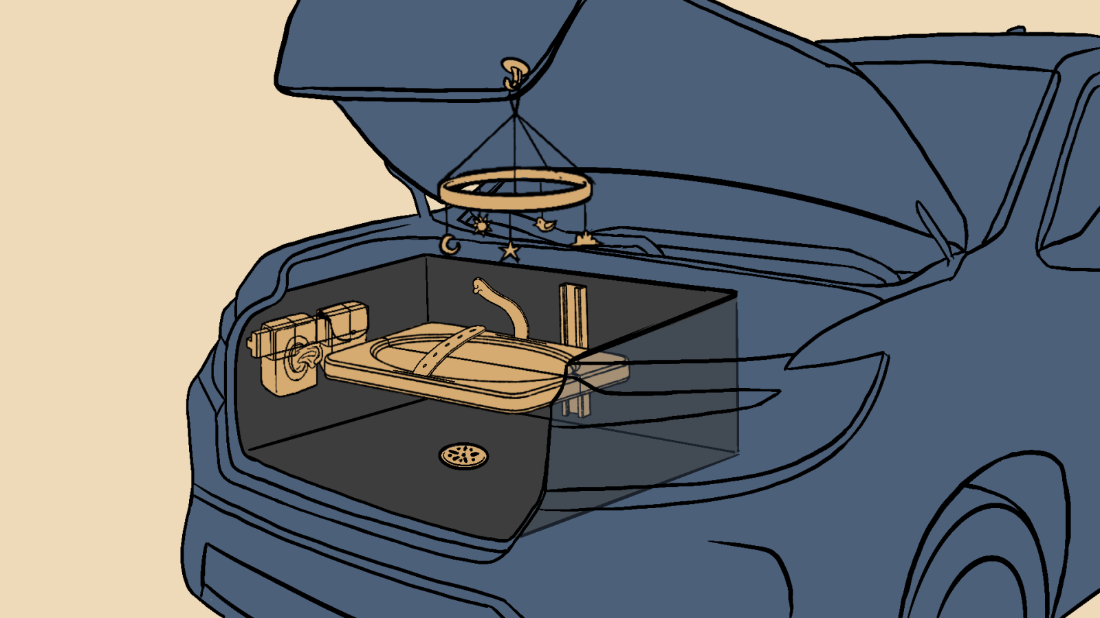 A drawing visualization of all the elements of the Frunk Changing Table, including the table itself, modular sliding side storage, a drain for cleaning the space, and a hook for a mobile.