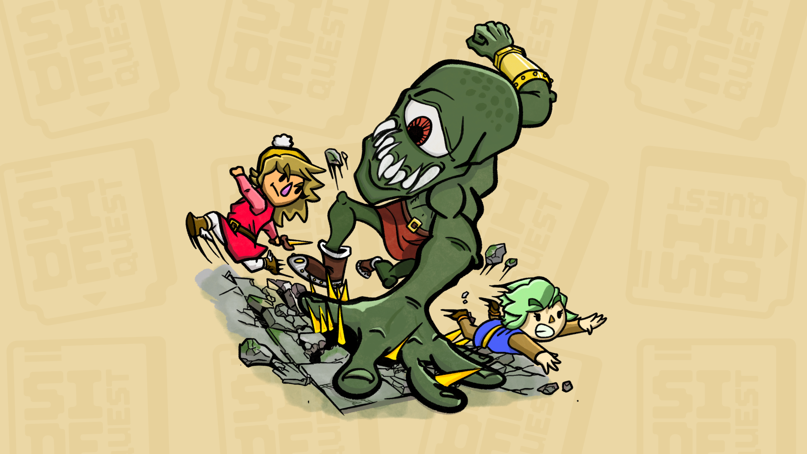 An illustration of two characters dodging a large monster’s attack