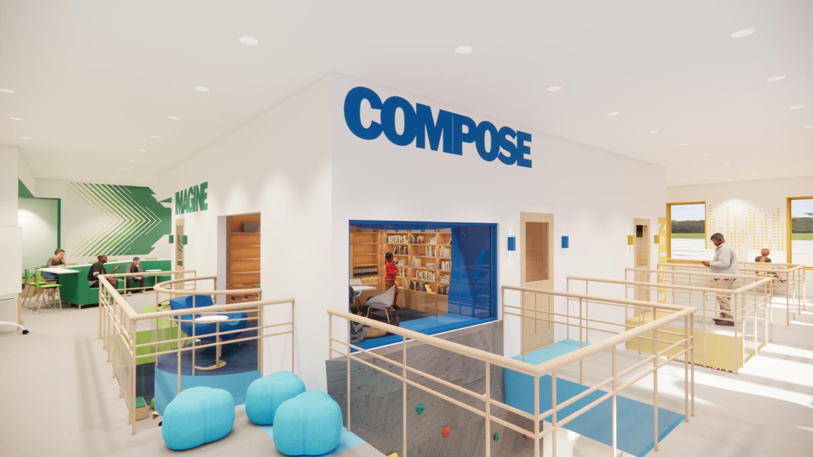 A perspective view of the second floor, showing a window looking into the reading/writing learning area where a young boy browses a bookshelf. Above the window, “COMPOSE” is displayed in blue, and below it, an opening in the floor shows a view of the rock-climbing wall on the first floor. In the background, to the left, the visual learning area has “IMAGINE” in green above the door. In the outdoor section, three students sit on varying seats with a green graphic behind them. To the right of the reading/w
