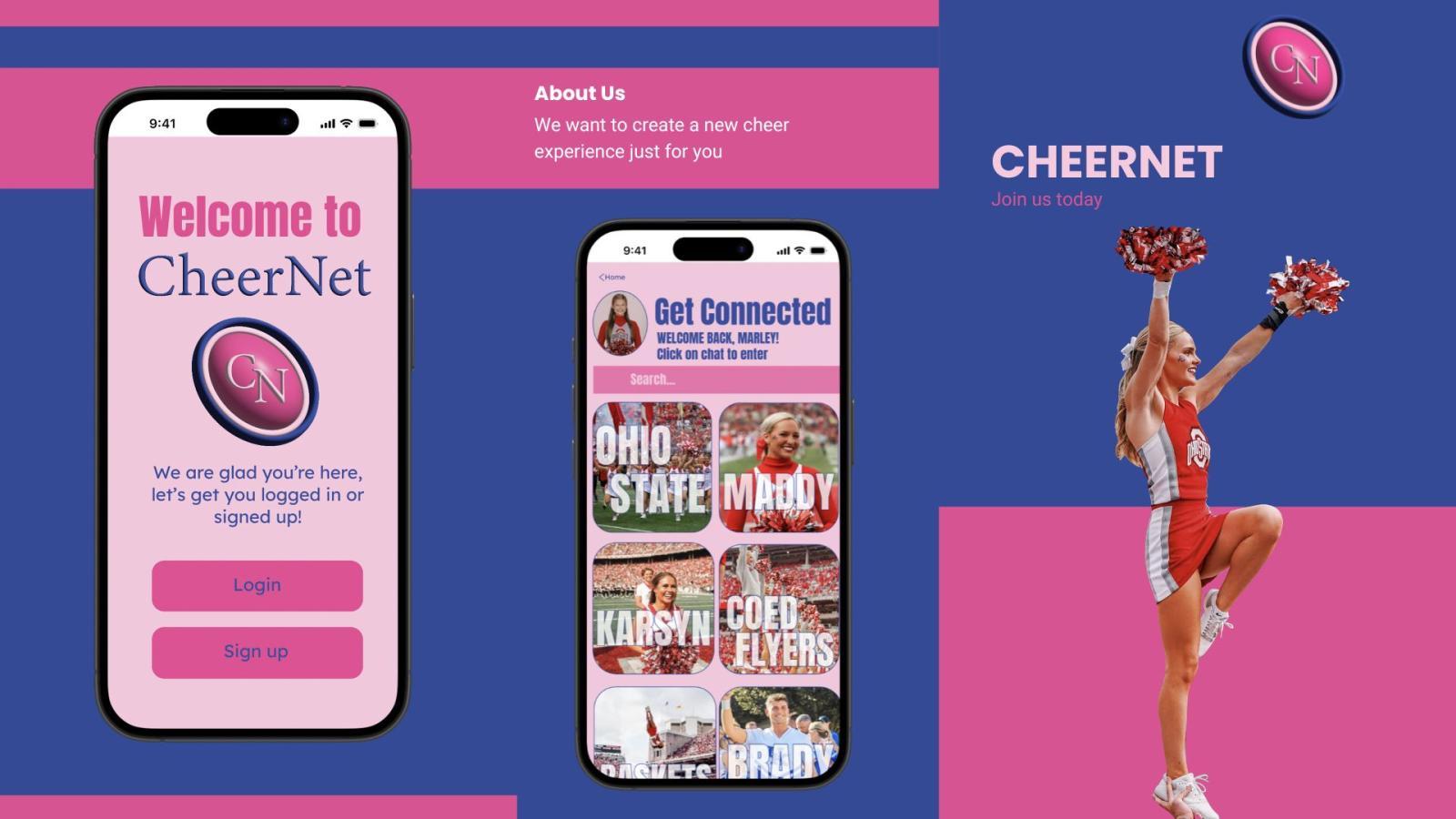 CheerNet is designed to connect and support cheerleaders at every level. This image highlights the app’s user-friendly interface, making it easy to log in, network with other athletes, and stay informed. With features that foster engagement and team spirit, CheerNet enhances the cheer experience for athletes nationwide.