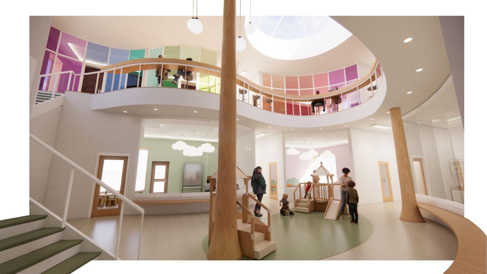 3D-rendered interior perspective of the childcare and family education center as seen from the main entrance. The space opens into a bright, double-height atrium with a skylight, curved walkways on the upper level, and large glass windows. A central tree-like wooden column with built-in steps and a small play structure anchors the space. The flooring combines green and neutral tones, complementing the natural wood finishes. Surrounding the atrium are enclosed rooms with large glass walls, pastel-colored wal