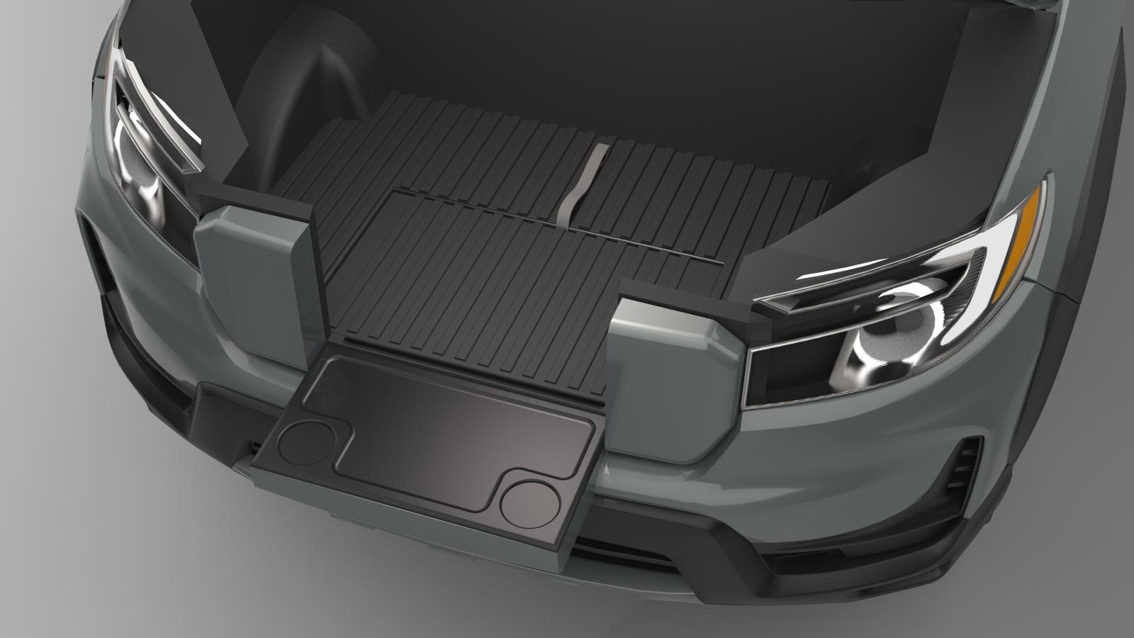 A 3D rendered image of the front of a Honda Ridgeline from a top down view with no hood showing the entire frunk with the gait down and the guard flipped over to be flush with the rest of the frunk bed. The pattern on the frunk bed all aligns over top of the guard. The pull belt is hanging off the back edge of the guard towards the back of the frunk.  