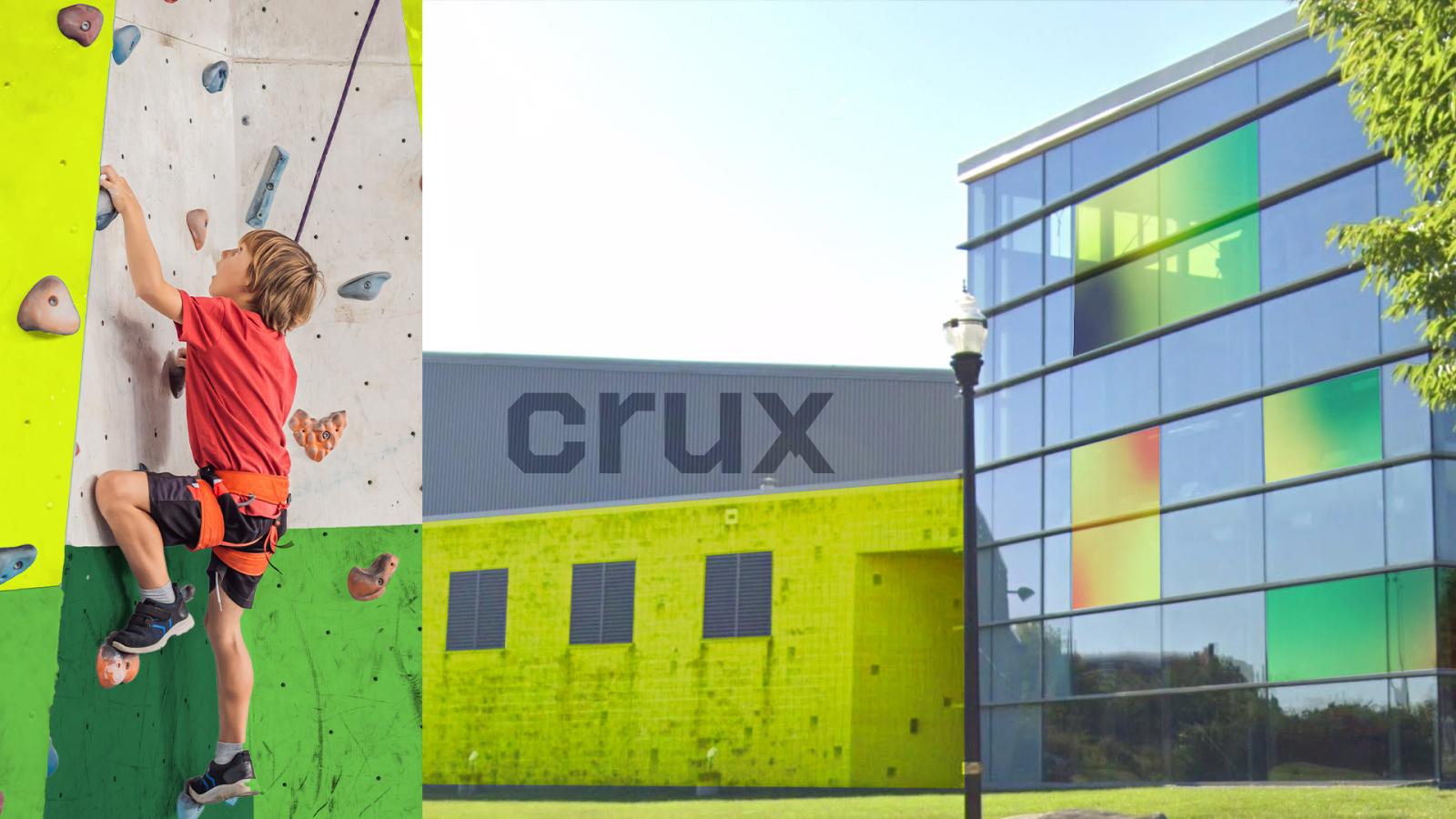 The image is split in two, with the left third featuring a young boy with a harness climbing indoors on a yellow and green rock climbing wall. The right two thirds is a view of the outside of the Crux branded gym, with “crux” written on a wall and various walls and windows with crux brand colors and gradients on them.