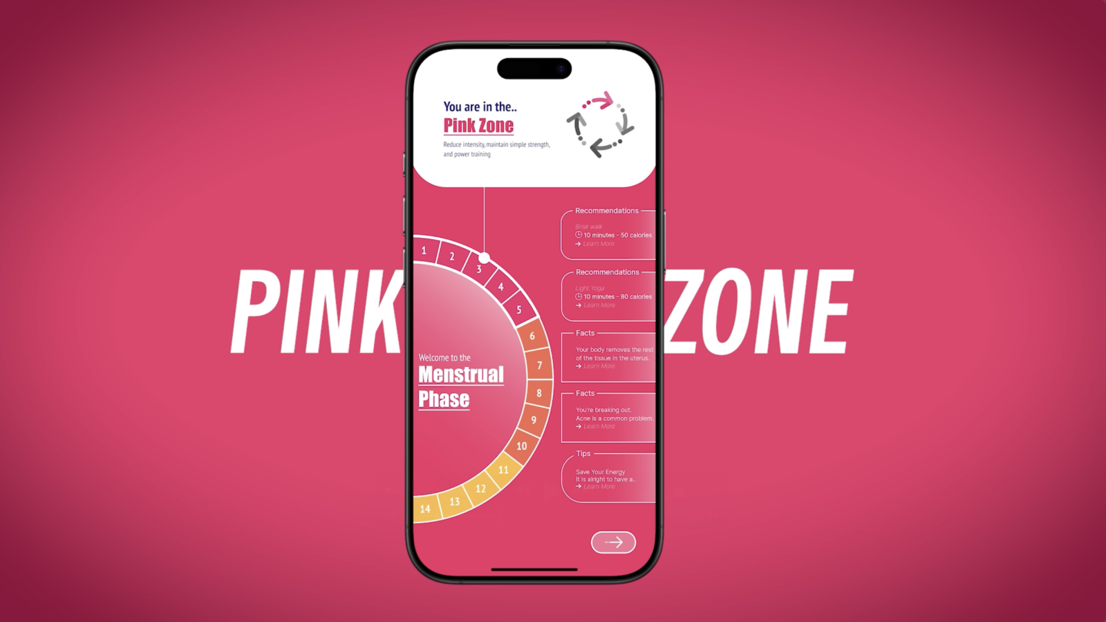 A graphic that contains a phone mockup with text on a pink background that says “Pink Zone” in the back. This is shown to emphasize the difference each of the cycles have in color variations.