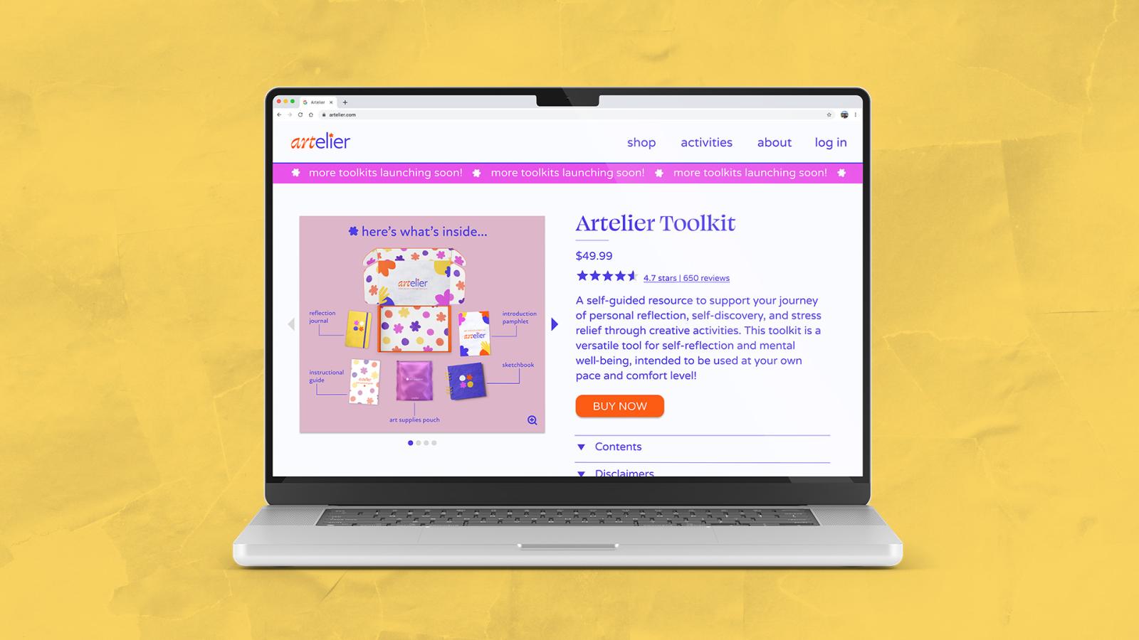 The Artelier shop page showing the toolkit’s contents, its description and a “buy now” button.