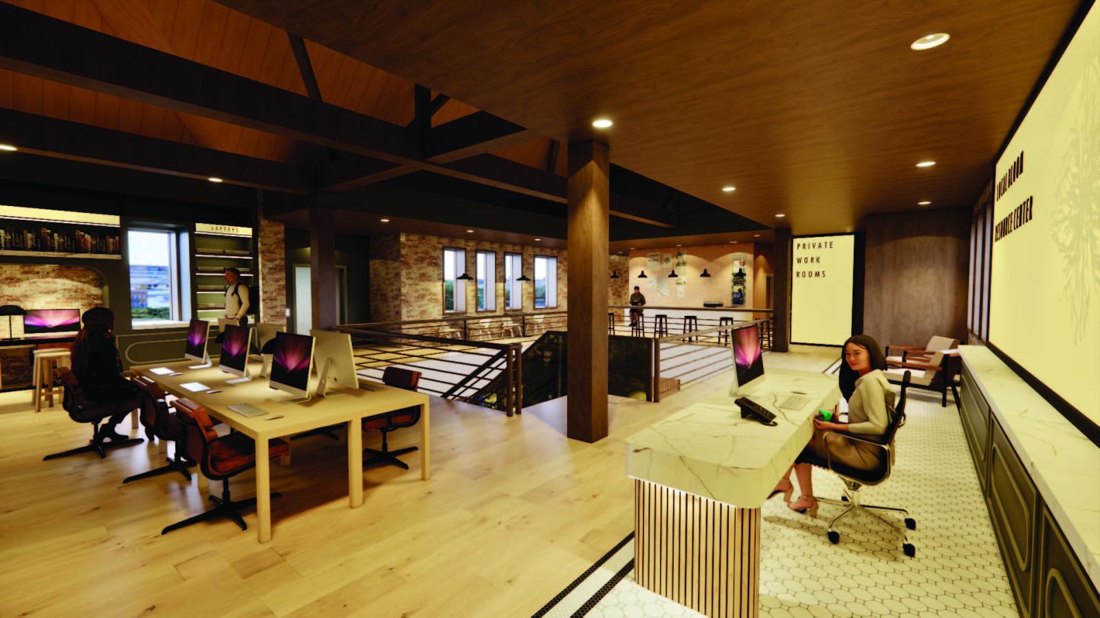 This view shows a wide look at level 2 as if the viewer is standing at the entrance to the workshop, looking out. On the right, a large, glowing yellow sign is located behind the reception desk, welcoming visitors from the central staircase. On the left, a glimpse into the technology lounge is seen with casework shelving units surrounding desktop computers and rentable laptops. In the distance, the entrance to the private work rooms is visible with the same glowing, yellow signage. 