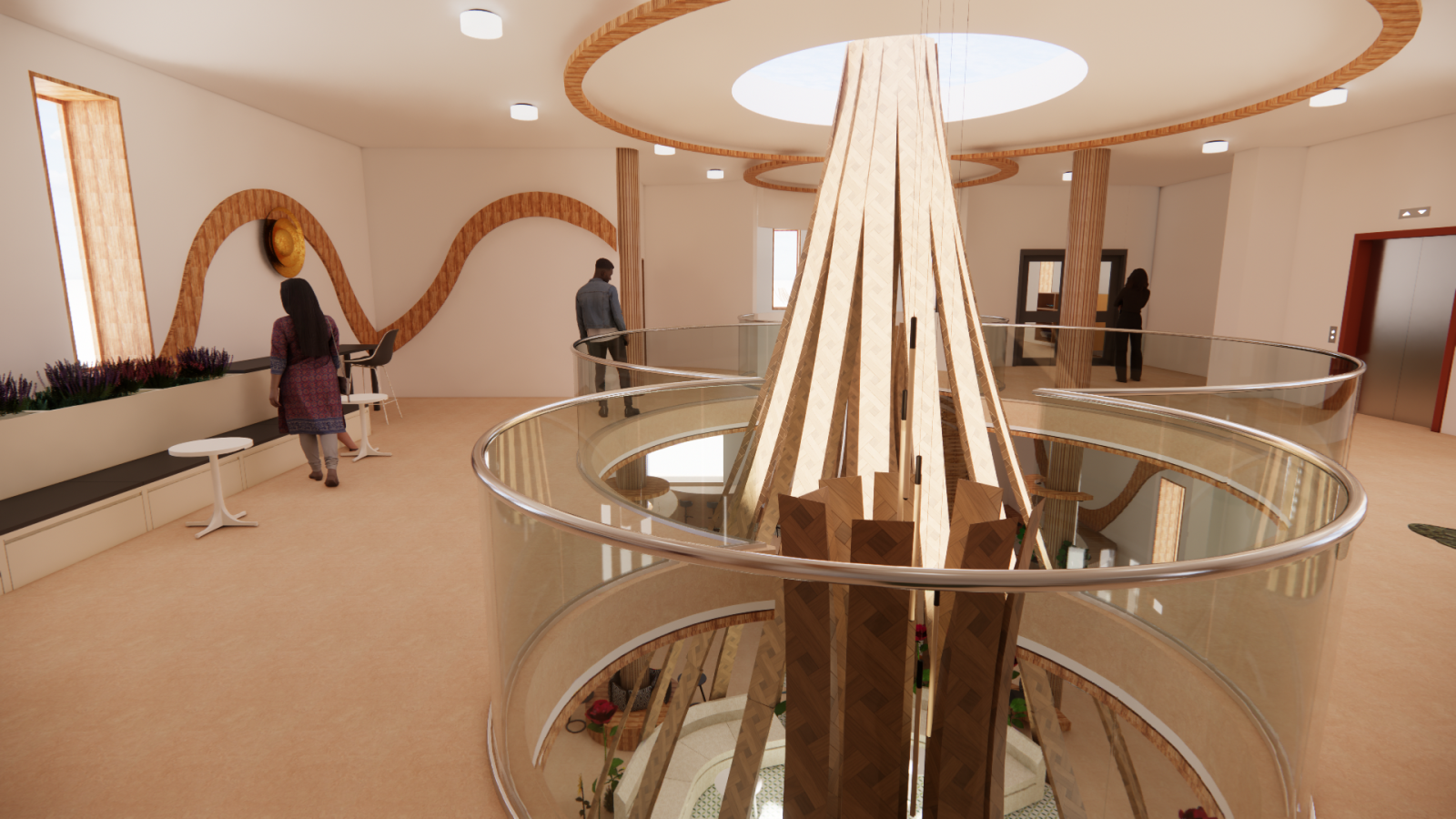 7.	This view shows a closer look at the opening to the first floor where you can see the cocoon seatings and feel connected to the community in the café. 