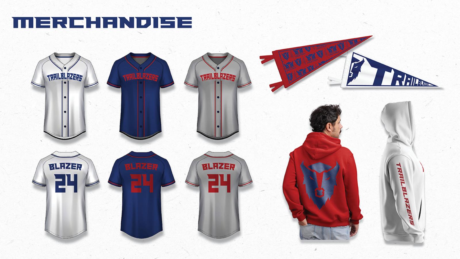 Sports merchandise featuring baseball jerseys in white, navy, and gray with Blazers and number 24. Red and white hoodies with a Trailblazers logo (stylized Buffalo head) and “Trailblazers” on the sleeve. Red and blue pennants with team name and logo shown.
