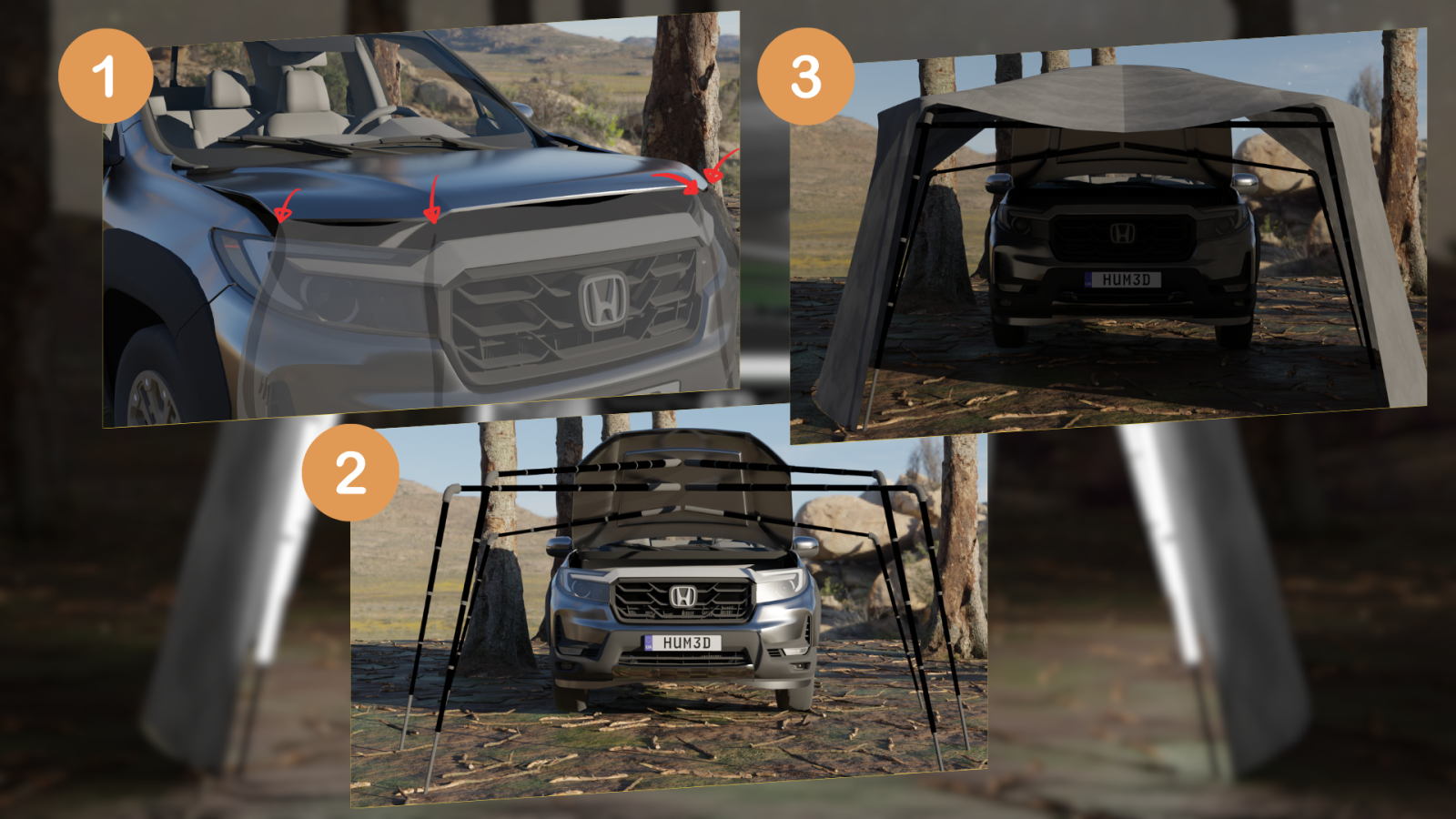 A step-by-step visual breakdown of the FoldNest deployment process on a Honda EV. Step 1 (Top Left): A close-up of the front of the Honda EV, with red arrows indicating key points where to attach the tent. Step 2 (Bottom Center): The FoldNest frame structure extends from the frunk, forming a skeletal frame that will support the canopy. Step 3 (Top Right): The fully deployed FoldNest canopy, providing a covered outdoor space in front of the vehicle