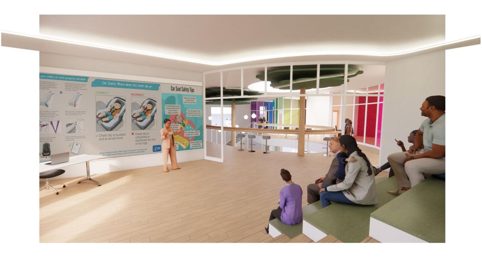 3D-rendered interior perspective from a parent's viewpoint in the presentation space. The room features tiered green seating on the right, where a diverse group of attendees engages in a talk on car seat safety. A woman presents from a projector screen at the front. The space has warm wooden flooring, a curved ceiling with recessed lighting, and a long white table with a laptop near the presentation area. Glass walls separate the room from the atrium, offering views of the upper-level walkway with barstools