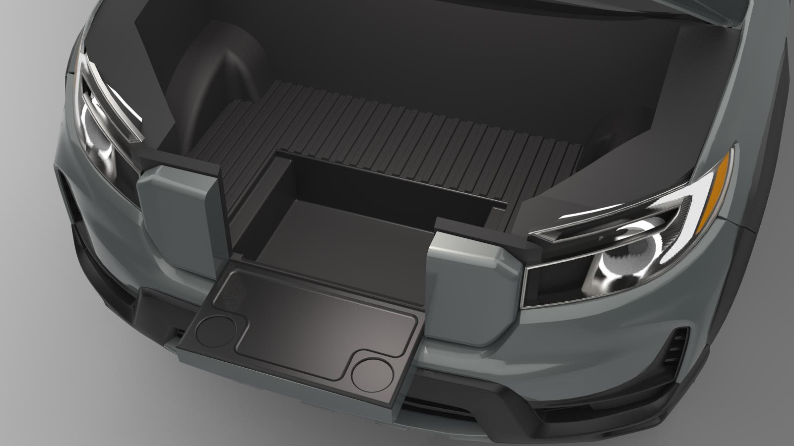 A 3D rendered image of the front of a Honda Ridgeline from a top down view with no hood showing the entire frunk with the gait down and the guard removed to show the frunk well. It is a compartment where the guard once sat against the opening of the gait and is just as wide and deep.