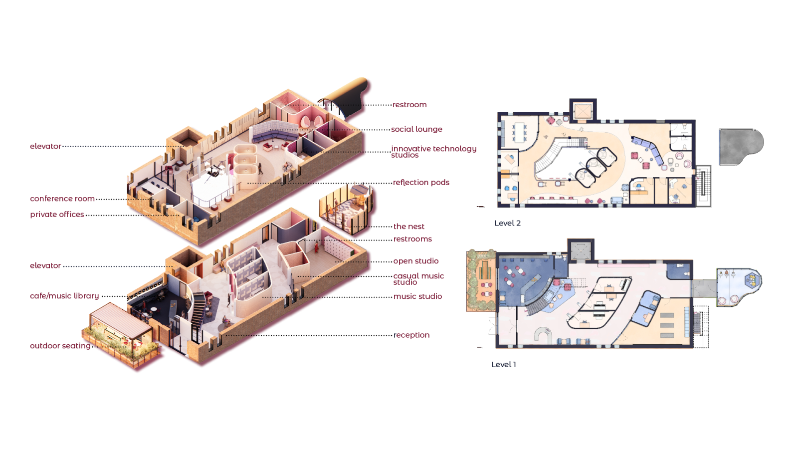 The stack diagram is rendered which reveals the blues, pinks, and wood tones that cover the organic geometry. The floor plans are in a watercolor style, and show the layout of the space, which has two hallways that serve as connection points between the spaces. Almost all of the walls are curved, so the path of travel feels organic and easily leads from the front to the back entrance.