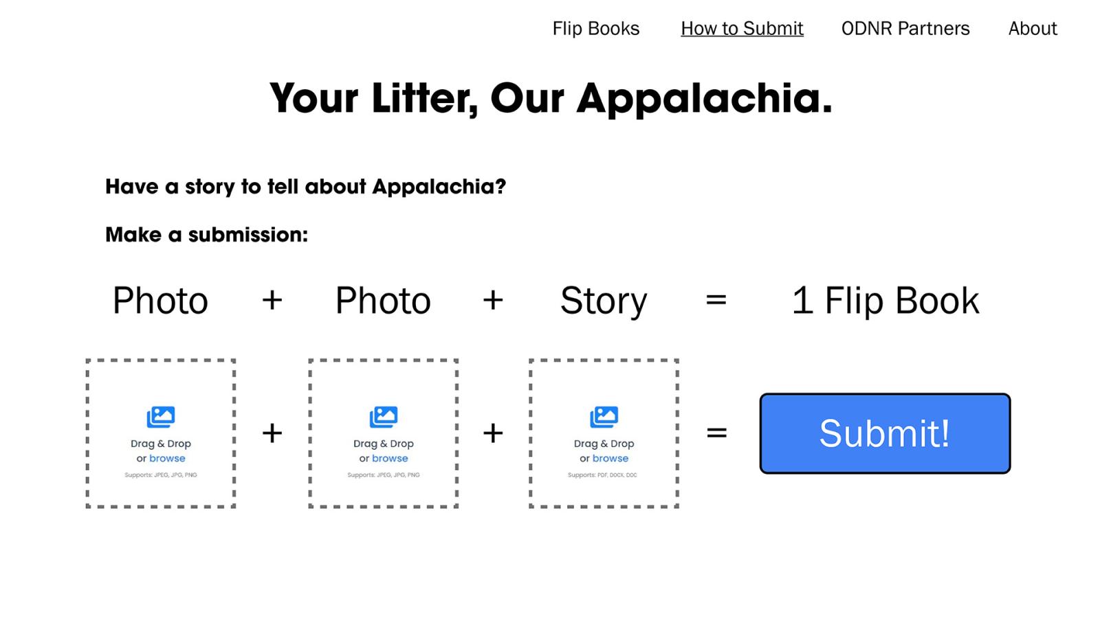 In the campaign website, there is a submission box where 2 photos, and a corresponding narrative can be submitted to create a flip book.