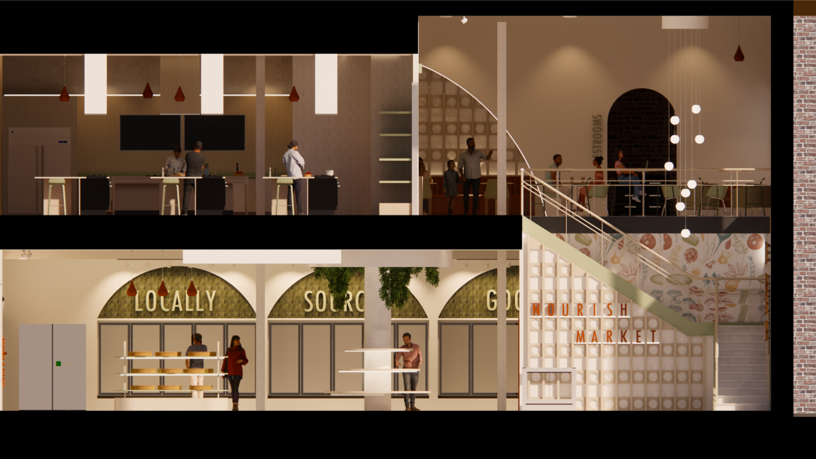 The section shows the first and second levels including the market, entrance, and main staircase leading up to the seating and dining area and instructional kitchen.
