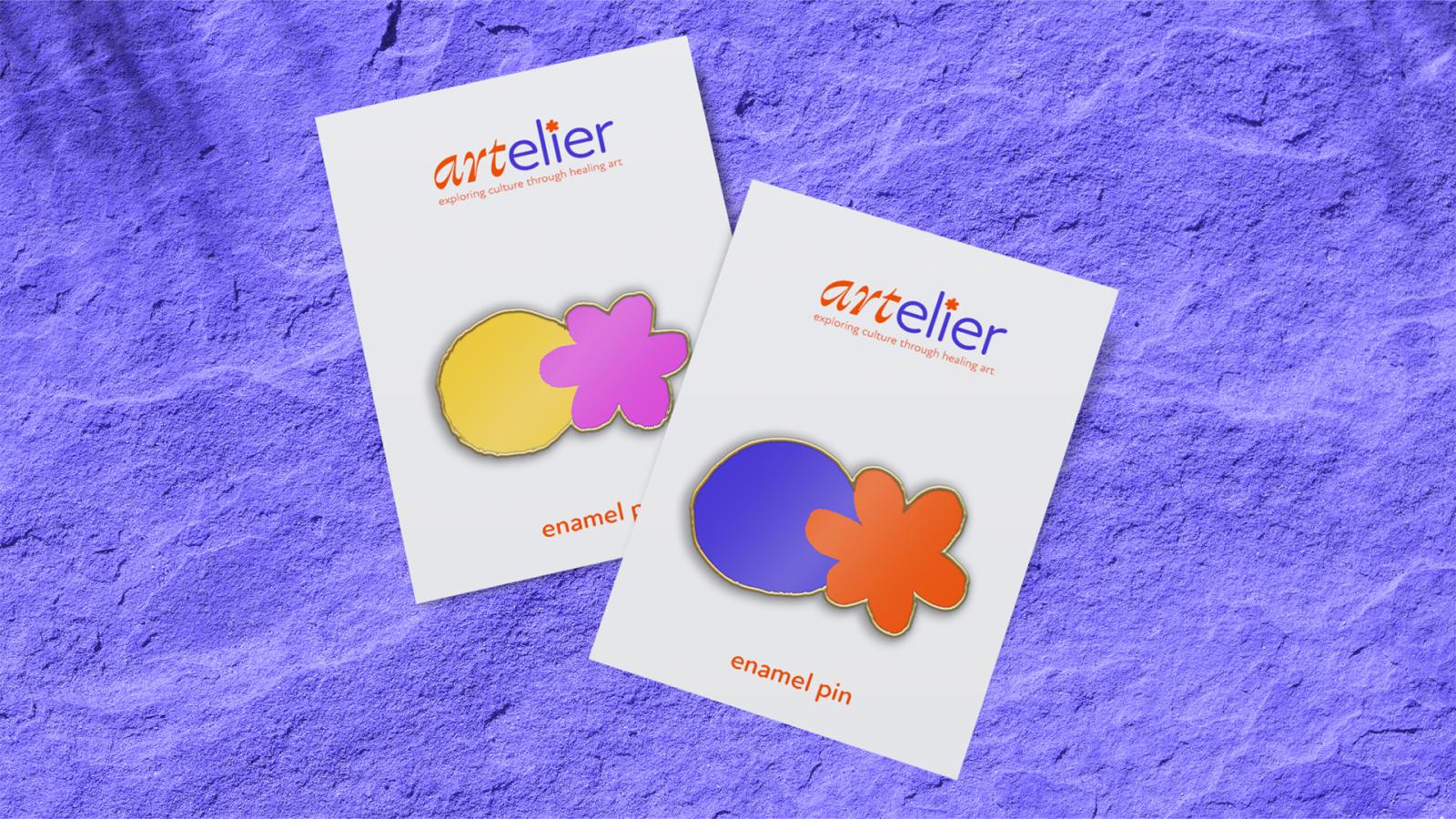 Artelier enamel pin mockup that uses the hand drawn flowers and circles as visual elements.