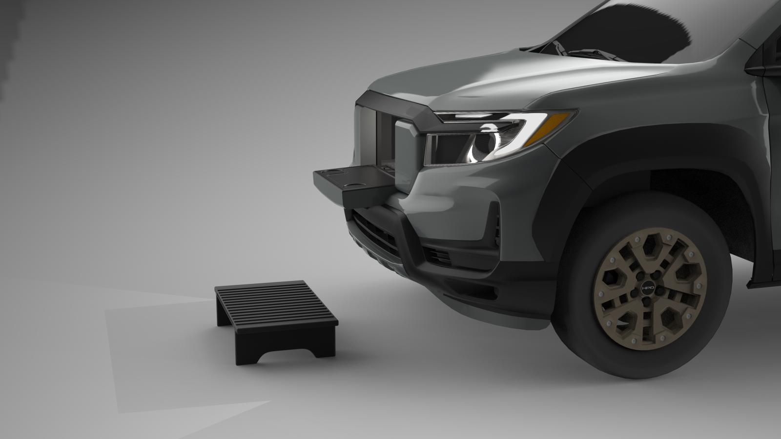 A 3D rendered image of the front of a Honda Ridgeline from farther away with the guard removed and flipped upside down in front of the truck on the ground and looks like a stepping stool.