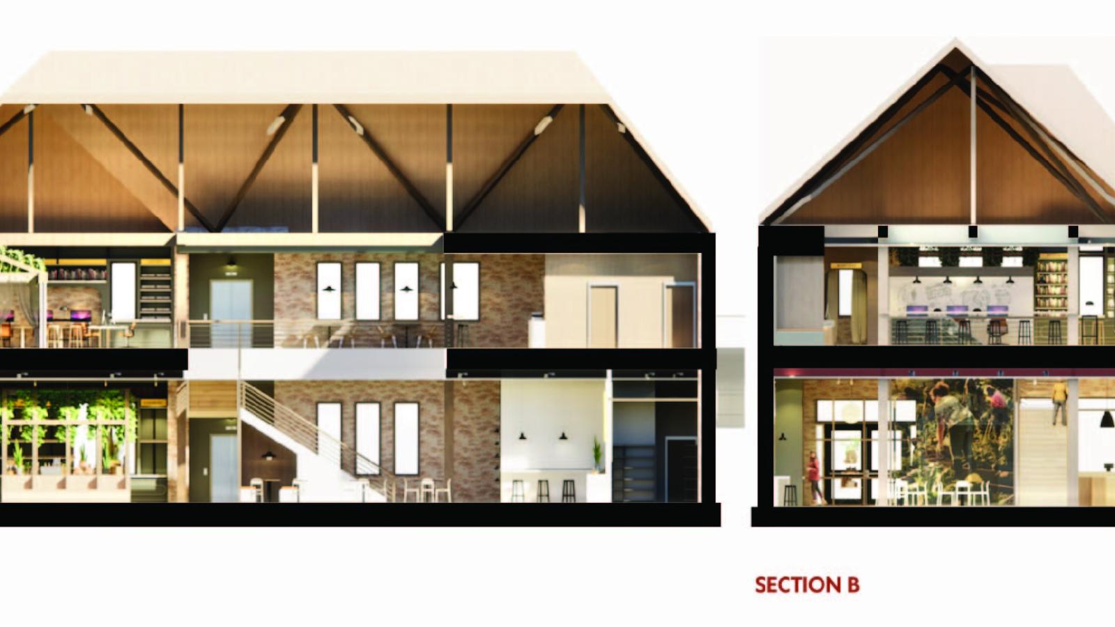 8.	Both Section A, a view of the northern wall, and Section B, a view of the western wall, are shown here. Section A shows both the retail and resource center’s casework and canopies, a side view of the central staircase, open seating on both levels, the storage room, and the doors to the private work rooms. Section B shows the front entrance, the glass LED partition, the retail section, a view of the central staircase, technology lounge seating and casework, whiteboards, and the entrance to the workshop sp