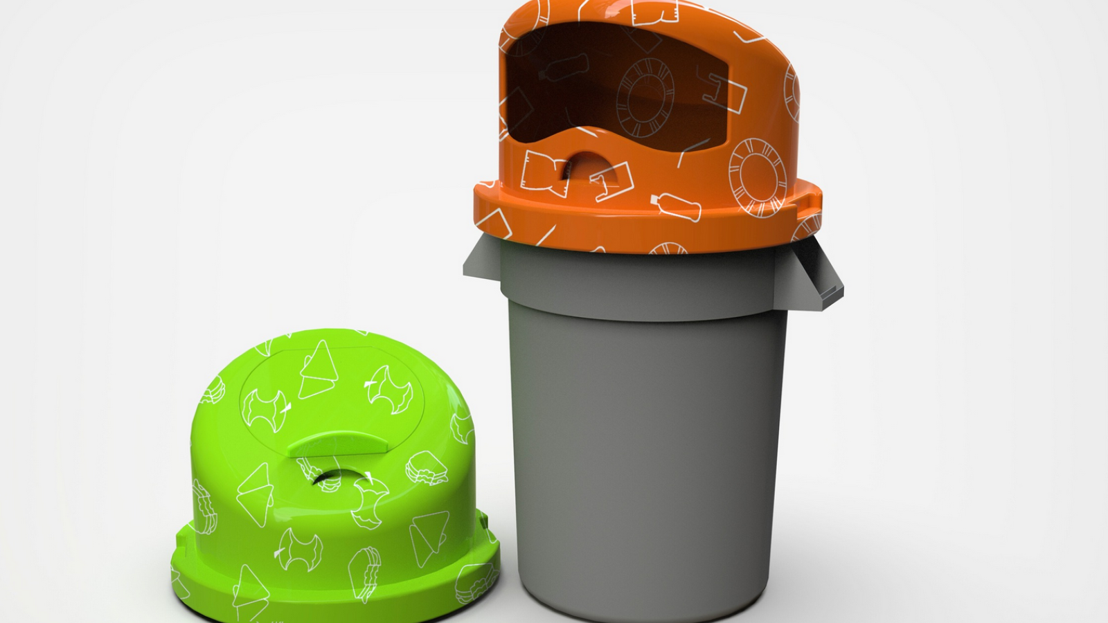 Vibrant green compost bin lid with a pattern of white icons including chips, apple cores, and partially eaten sandwiches and a handle on the top that opens a circular chute. Alongside a gray trash can with an orange lid with white icons of plastic bags, straws, and plates. All against a white background.