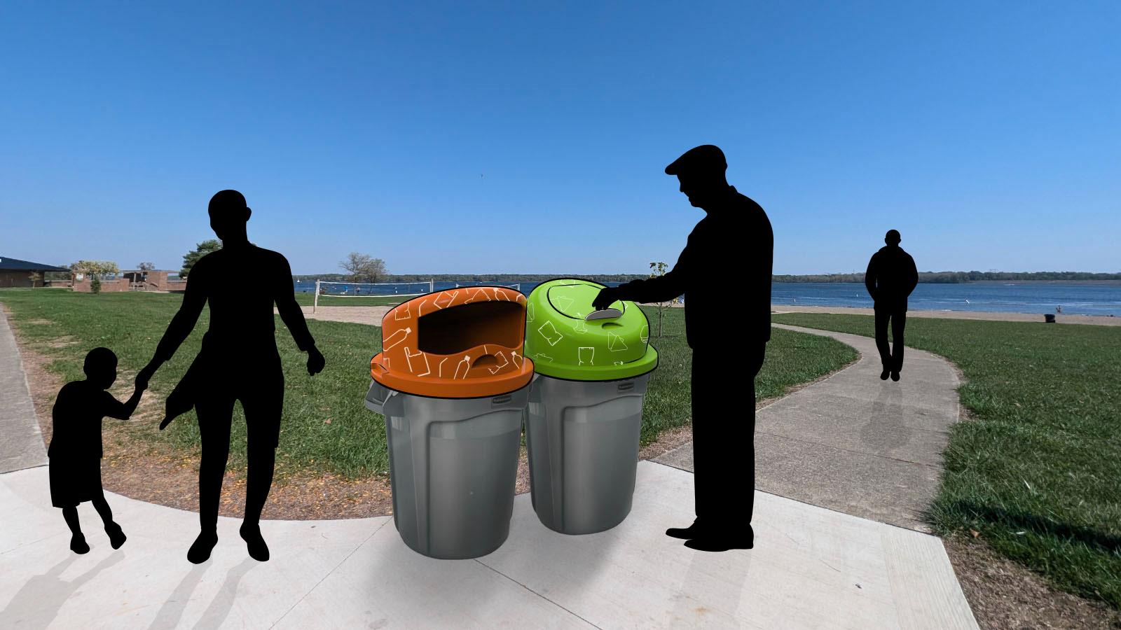 2.	In a park by the water, two waste collection bins stand on the edge of the sidewalk, one with a green lid and one with an orange lid. Silhouettes of a parent, child, and old man stand near the waste bins.